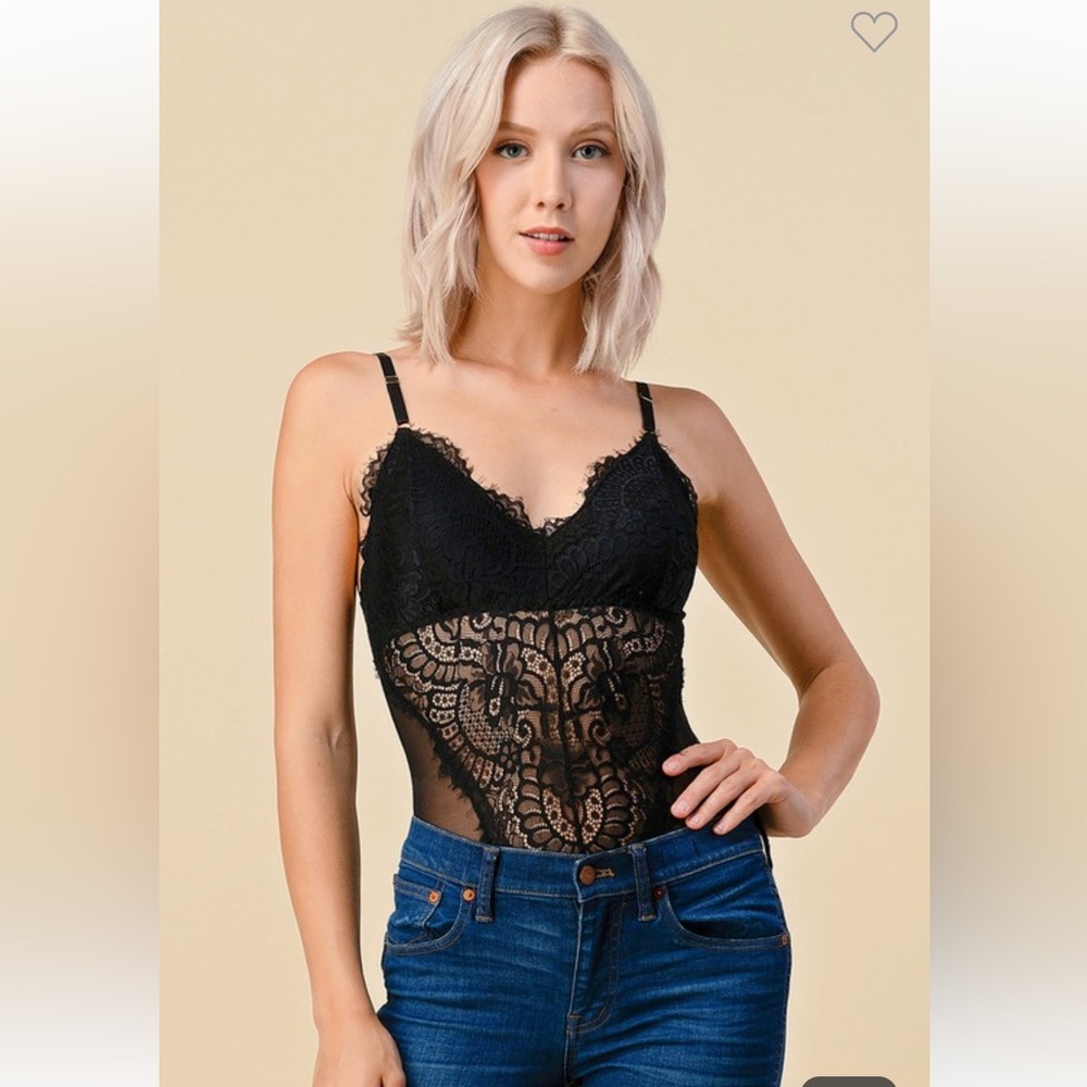 Solid Floral Lace and Mesh Bodysuit Black NWT